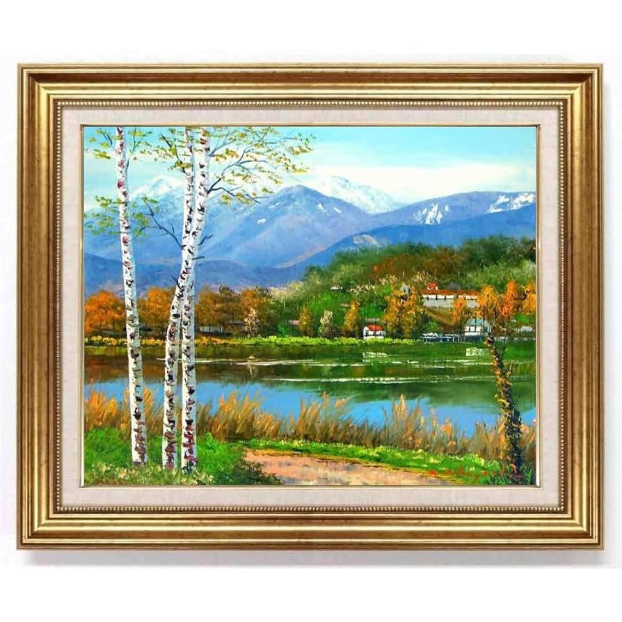 【真作】絵画　油彩　湖畔の教会とアルプス　風景画　洋画風景　W125 真作】絵画 油彩 湖畔の教会とアルプス 風景画 洋画風景 W125 真作】
